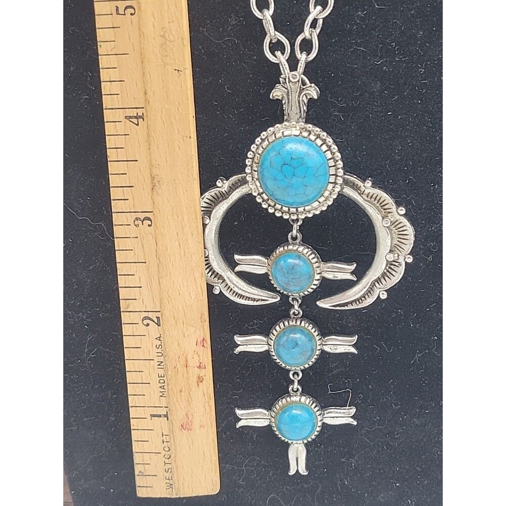 Stunning Vintage Huge Squash Blossom Silvertone Faux Turquoise Cabochon Necklace - Picture 3 of 9
